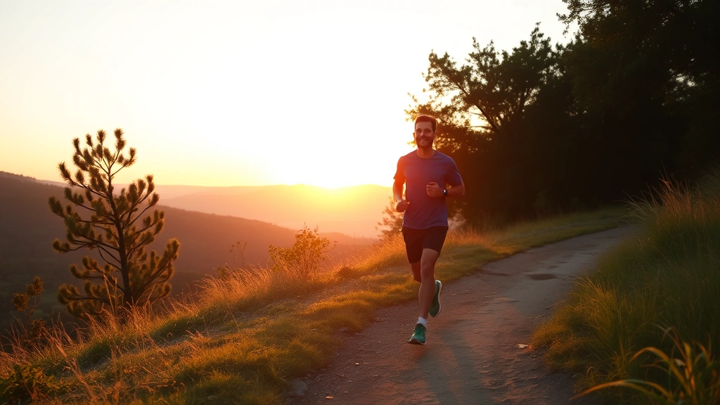 Person jogging on scenic trail during golden hour sunrise, fit and healthy lifestyle, peaceful natural environment, wellness and vitality