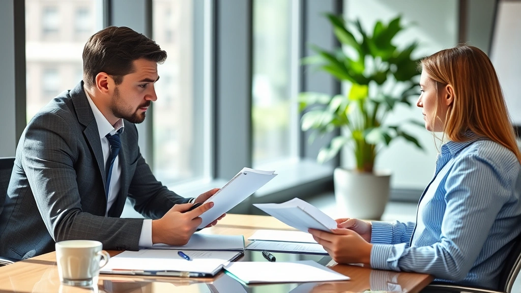 Professional financial advisor in modern office reviewing investment portfolio documents with client during consultation meeting, natural lighting