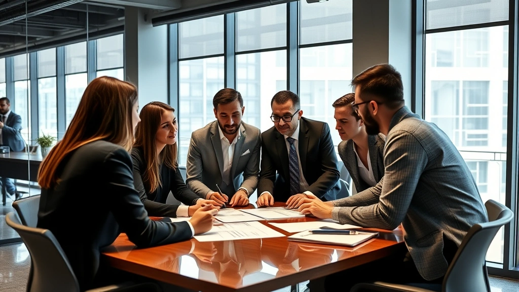 Diverse group of professionals in business meeting discussing investment strategy, looking at data analysis, collaborative environment, modern conference room with windows