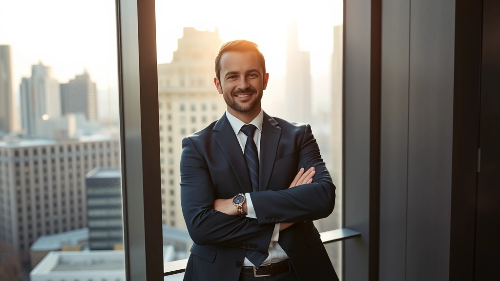Man in professional clothing standing confidently with arms crossed, cityscape visible through window behind, representing career success and financial achievement, morning sunlight