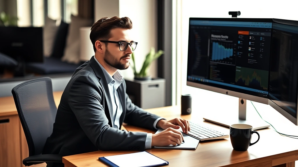 Professional entrepreneur working at modern home office desk with multiple monitors, coffee cup, and notebook, natural sunlight from window, focused expression, realistic photography