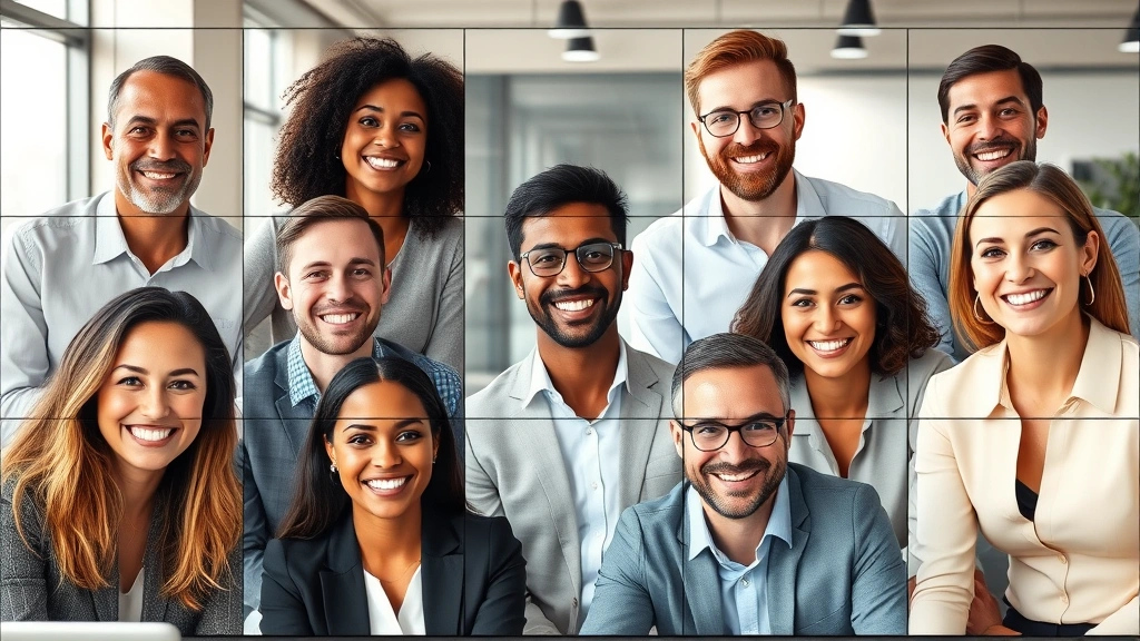Diverse group of successful business professionals in video conference meeting, smiling and engaged, modern office backgrounds, natural lighting, collaborative atmosphere, photorealistic