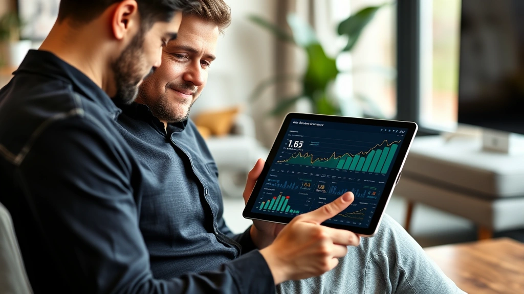Person reviewing financial dashboard on tablet showing growth charts and portfolio performance, sitting in comfortable home office, confident expression, modern aesthetic, professional photograph