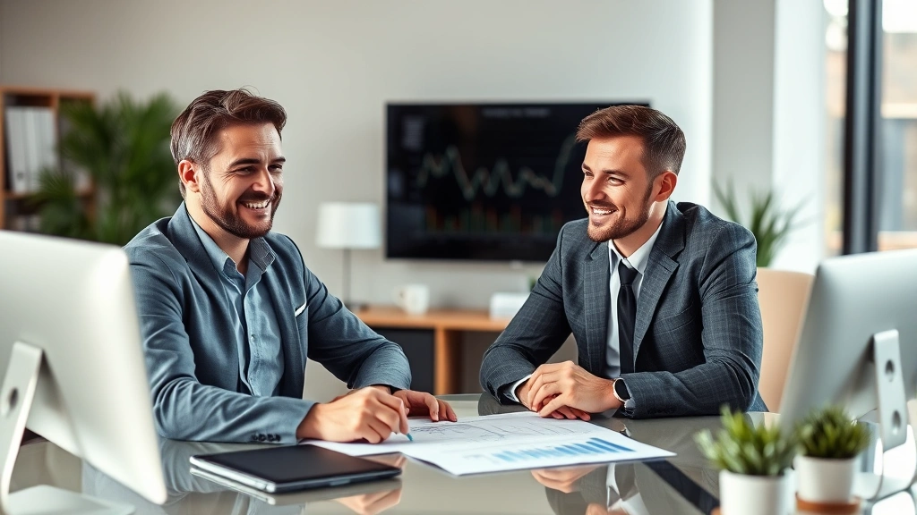 Professional financial advisor in modern office reviewing investment portfolio with client, charts and graphs visible on desk, confident positive atmosphere, natural lighting