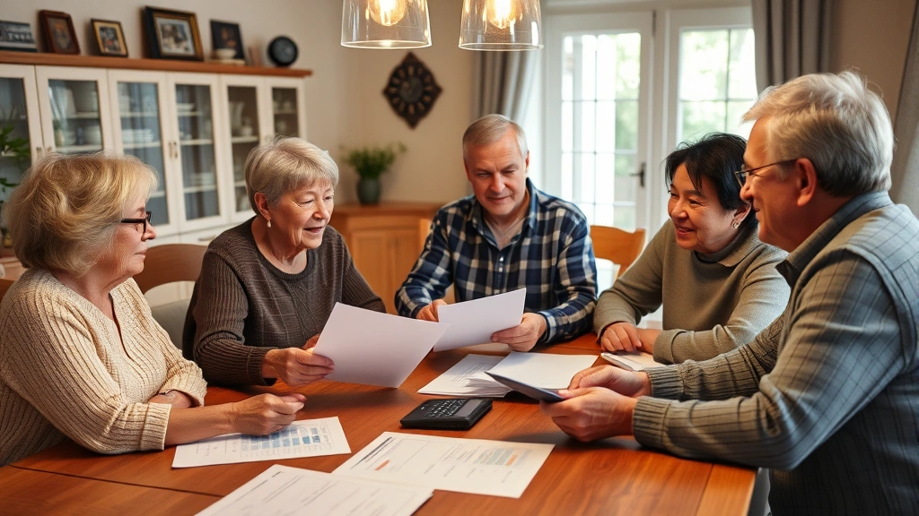 Multi-generational family having financial planning discussion at dining table with documents and calculator, warm home environment, diverse family planning future