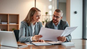 Professional financial advisor reviewing health insurance documents with client at modern office desk, warm lighting, focused discussion about healthcare savings