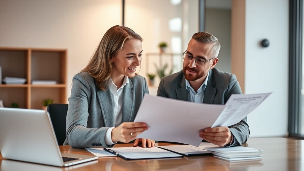 Professional financial advisor reviewing health insurance documents with client at modern office desk, warm lighting, focused discussion about healthcare savings