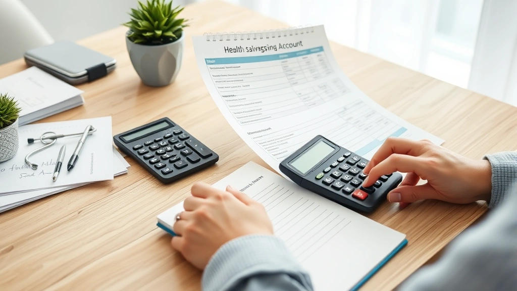 Person reviewing medical bills and health savings account statements at home desk with calculator and notebook, organized financial planning workspace