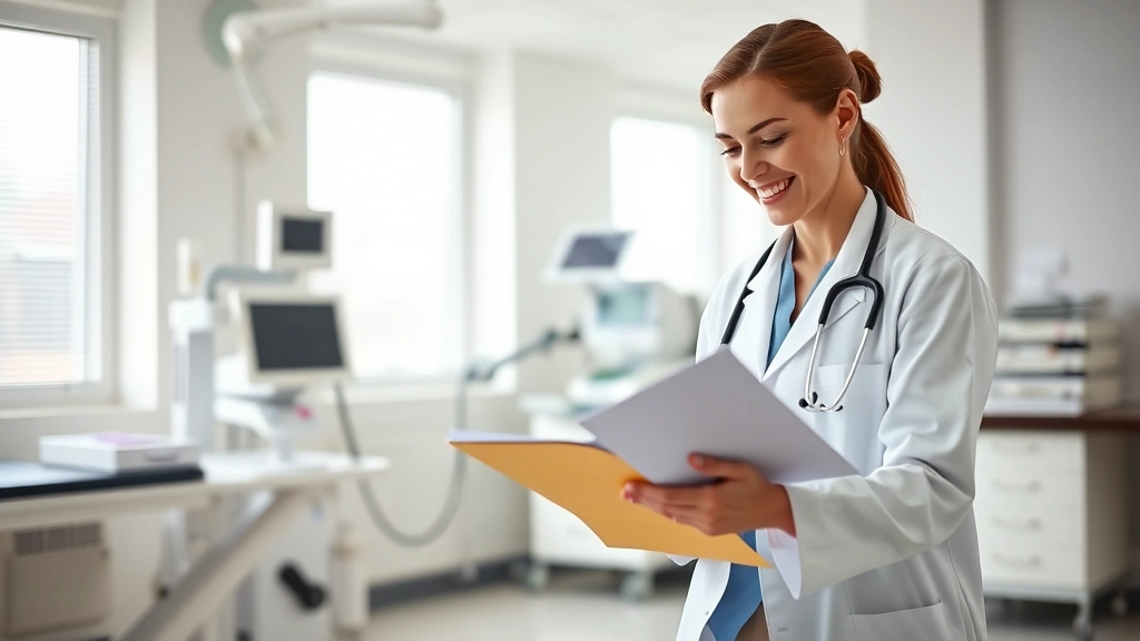 Professional female doctor in white coat reviewing patient health records in modern bright hospital office with medical equipment visible, warm welcoming expression, natural lighting