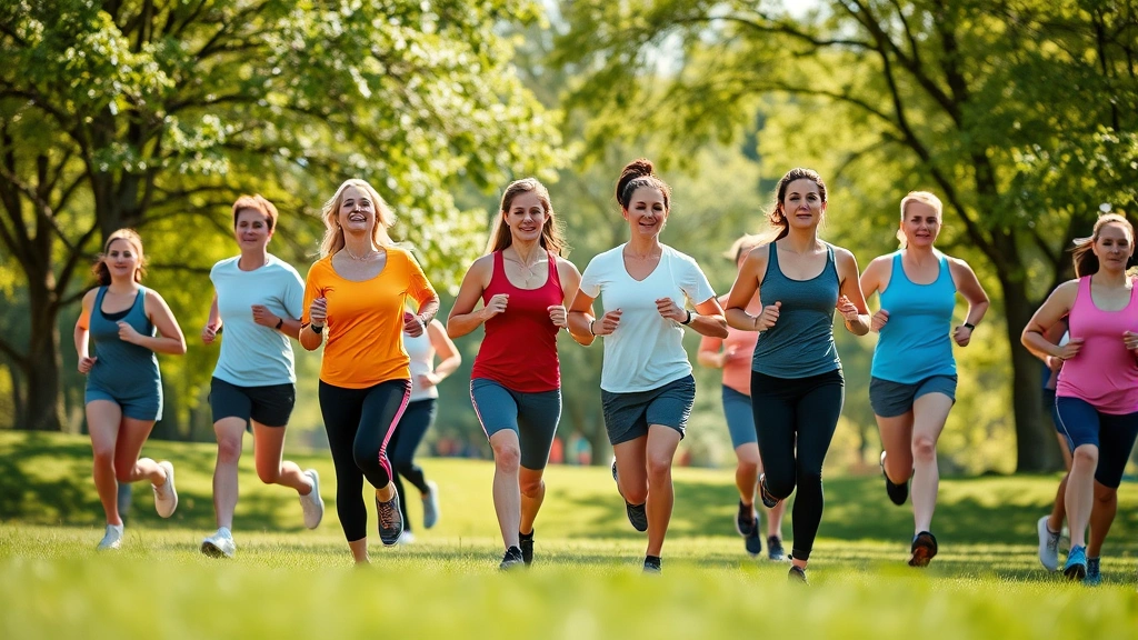 Diverse group of healthy adults exercising outdoors in park setting, jogging and stretching, bright daylight, vibrant wellness atmosphere, no faces clearly visible