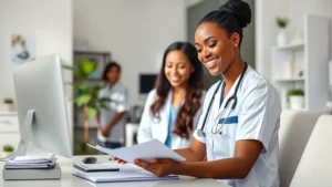 Professional healthcare worker in modern clinic setting, smiling while reviewing patient records at desk, natural lighting, diverse representation, calm and organized office environment
