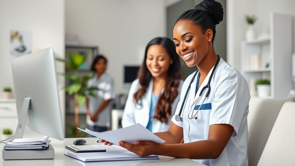 Professional healthcare worker in modern clinic setting, smiling while reviewing patient records at desk, natural lighting, diverse representation, calm and organized office environment