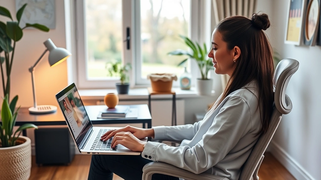 Person working remotely from home office on health-related tasks, comfortable setup with ergonomic furniture, peaceful background, laptop and wellness-focused workspace