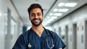 Professional healthcare worker in modern hospital setting wearing scrubs and stethoscope, confident smile, modern medical facility background with soft natural lighting