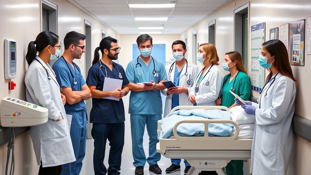 Diverse group of healthcare professionals in hospital hallway collaborating on patient care, modern medical equipment visible, teamwork atmosphere, natural professional environment