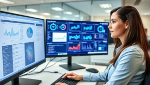 Professional woman in modern hospital IT department working at computer workstation with multiple monitors displaying healthcare data dashboards, wearing business casual attire, focused expression, contemporary office environment with glass partitions