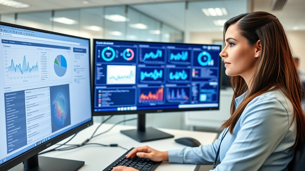 Professional woman in modern hospital IT department working at computer workstation with multiple monitors displaying healthcare data dashboards, wearing business casual attire, focused expression, contemporary office environment with glass partitions