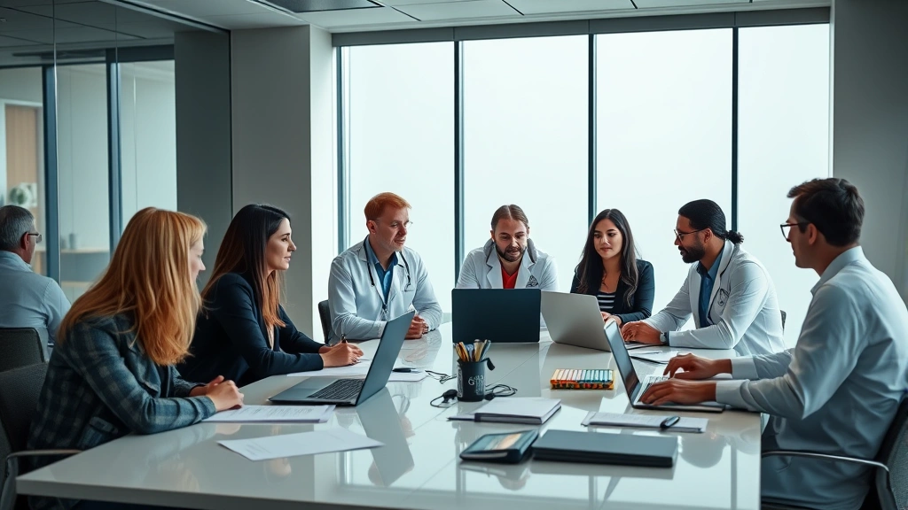 Team of diverse health IT professionals in conference room collaborating around large table with laptops and documents, discussing healthcare technology solutions, natural lighting from windows, modern corporate healthcare setting