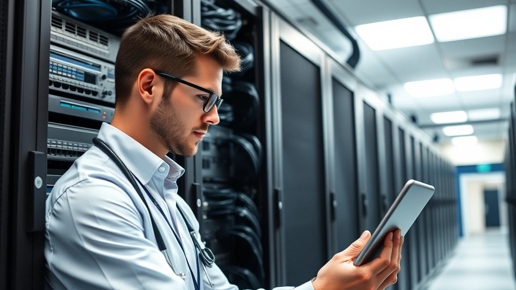 Male health IT specialist in server room managing infrastructure equipment, wearing professional attire, examining network hardware and cables, organized data center environment with proper lighting and secure access points
