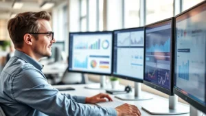 Professional healthcare data analyst reviewing health insurance metrics on multiple monitors in modern office, confident expression, business casual attire, natural lighting from windows, collaborative workspace environment