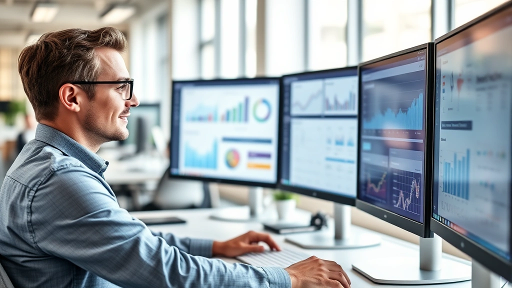 Professional healthcare data analyst reviewing health insurance metrics on multiple monitors in modern office, confident expression, business casual attire, natural lighting from windows, collaborative workspace environment