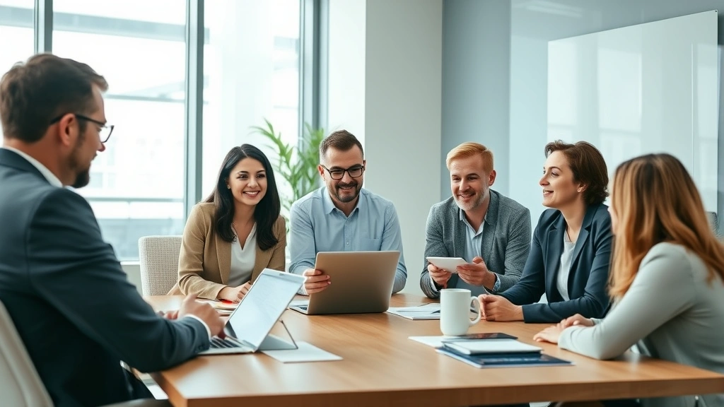 Diverse team of health insurance professionals in meeting room discussing digital health innovations, laptop and tablet visible, engaged discussion, modern conference room with healthcare-focused decor, natural daylight