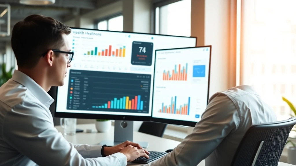 Health insurance professional working on cloud-based healthcare platform, focused on computer screen showing analytics dashboard, contemporary office setting, professional business environment, natural window lighting