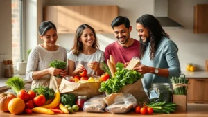 A diverse family of four unpacking fresh organic groceries including colorful vegetables, whole grain bread, and lean proteins on a modern kitchen counter, warm natural lighting, happy expressions, realistic photography