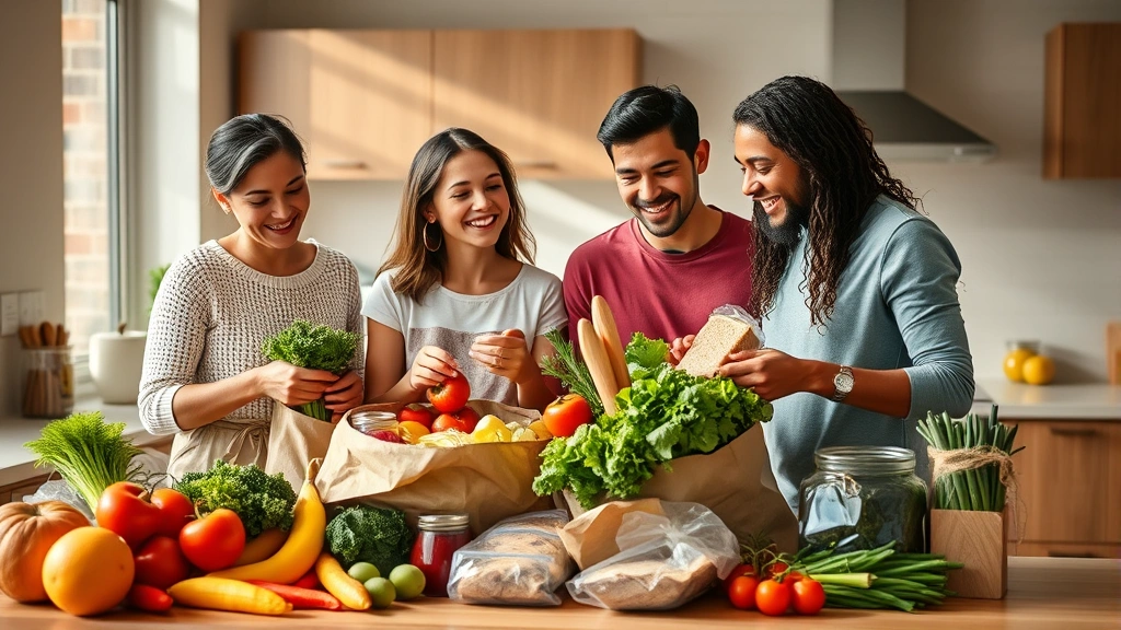 A diverse family of four unpacking fresh organic groceries including colorful vegetables, whole grain bread, and lean proteins on a modern kitchen counter, warm natural lighting, happy expressions, realistic photography