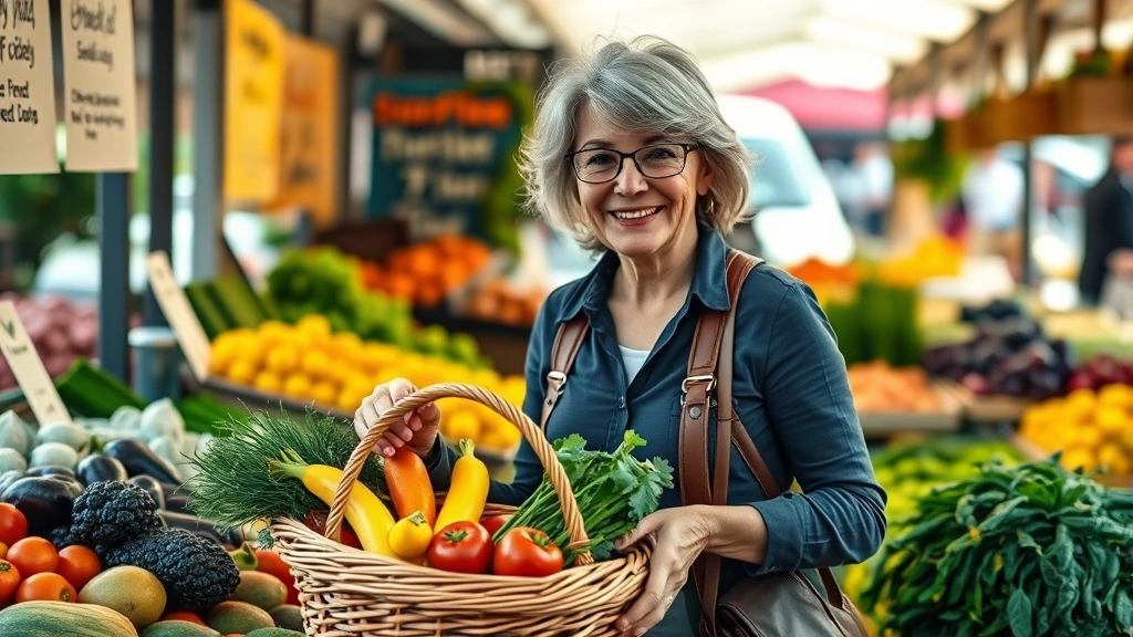 A middle-aged woman selecting fresh produce at a farmers market stand, holding a basket of vibrant vegetables and fruits, natural outdoor lighting, healthy and energetic appearance, photorealistic style