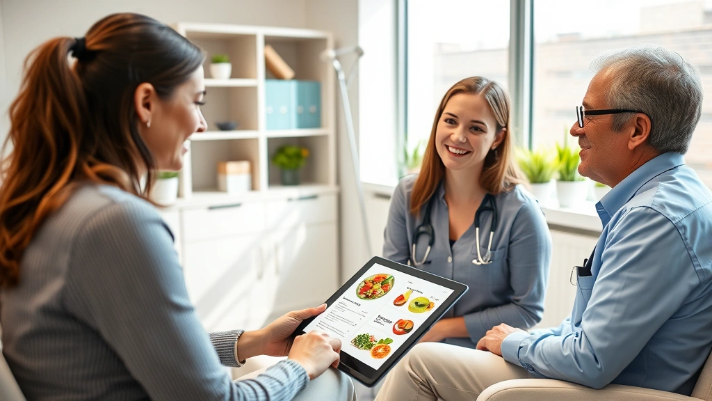 A registered dietitian consulting with a patient in a bright clinical office, reviewing nutrition plans and healthy food options on a tablet, professional healthcare setting, warm and supportive atmosphere, realistic imagery