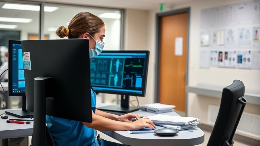 Healthcare worker in scrubs working at computer station in modern hospital office, focused on electronic health records, ergonomic workspace with medical charts visible on walls, professional clinical environment