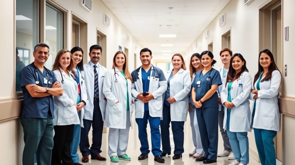 Group of healthcare professionals in white coats and scrubs standing together in hospital hallway, representing various specialties including doctors, nurses, and technicians, confident and collaborative poses, modern healthcare facility