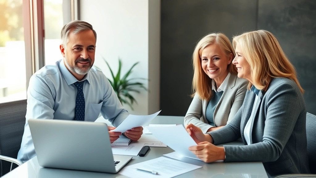 Professional financial advisor consulting with a middle-aged couple about healthcare savings and investment strategy, sitting at a modern desk with documents and a laptop, bright natural lighting, confident expressions