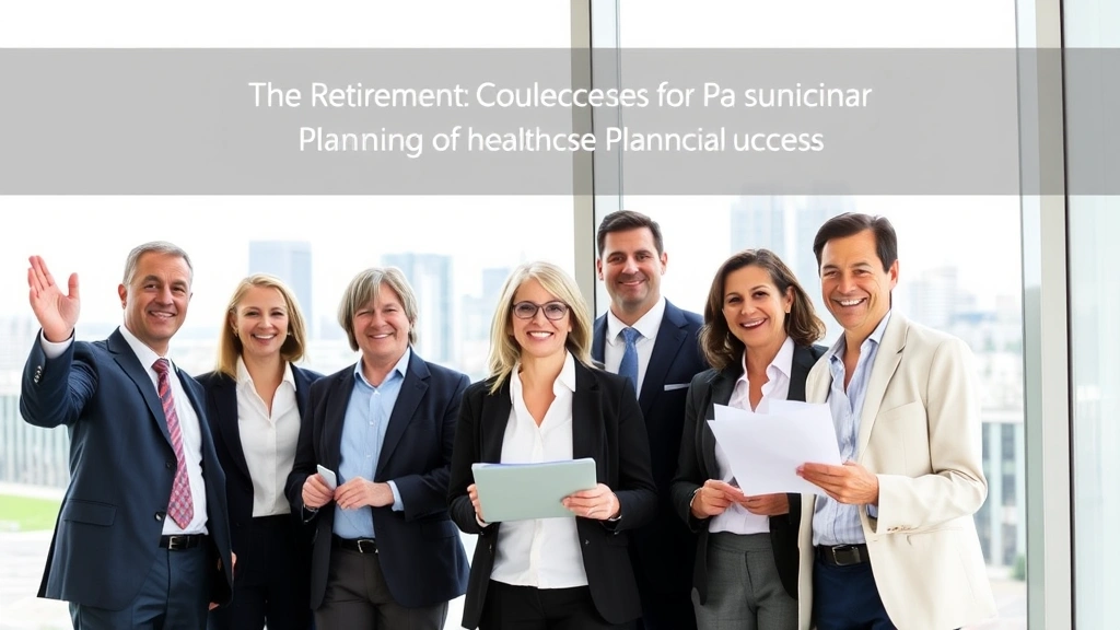 Diverse group of professionals in business casual attire celebrating financial growth, standing near a window with city skyline, smiling and looking at documents, representing retirement healthcare planning success
