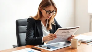Professional woman in business attire reviewing health insurance documents on a modern tablet computer, seated at a clean wooden desk with financial planning materials, charts, and a coffee cup, natural office lighting, focused expression, wealth management atmosphere