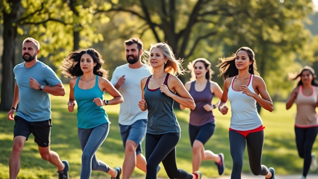 Diverse group of healthy adults exercising outdoors in morning sunlight, jogging and stretching in a scenic park setting, representing wellness, vitality, and long-term health investment, no text or logos visible