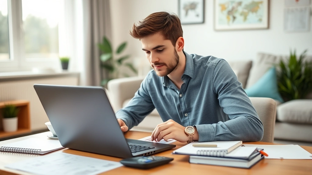 Young professional man at home office reviewing health insurance plans on laptop, organized workspace with financial documents, calculator, and notebook, representing strategic planning and healthcare decision-making, natural lighting, concentrated expression