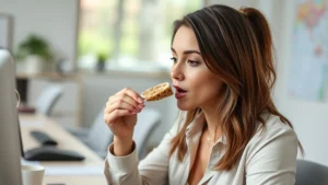 Professional woman eating a protein snack at her desk, focused expression, natural office lighting, nutritious food visible, modern workspace background