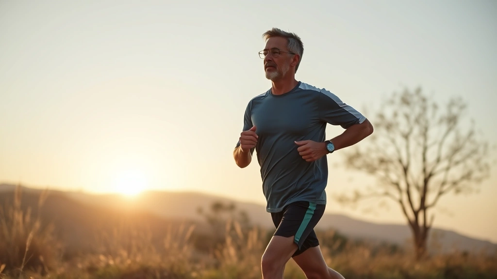 Active middle-aged person jogging outdoors during sunrise, energetic posture, healthy fit appearance, natural landscape background, morning wellness routine