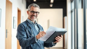 Professional healthcare worker in modern medical office reviewing financial documents and retirement planning materials on tablet, natural lighting, confident expression, contemporary workplace setting