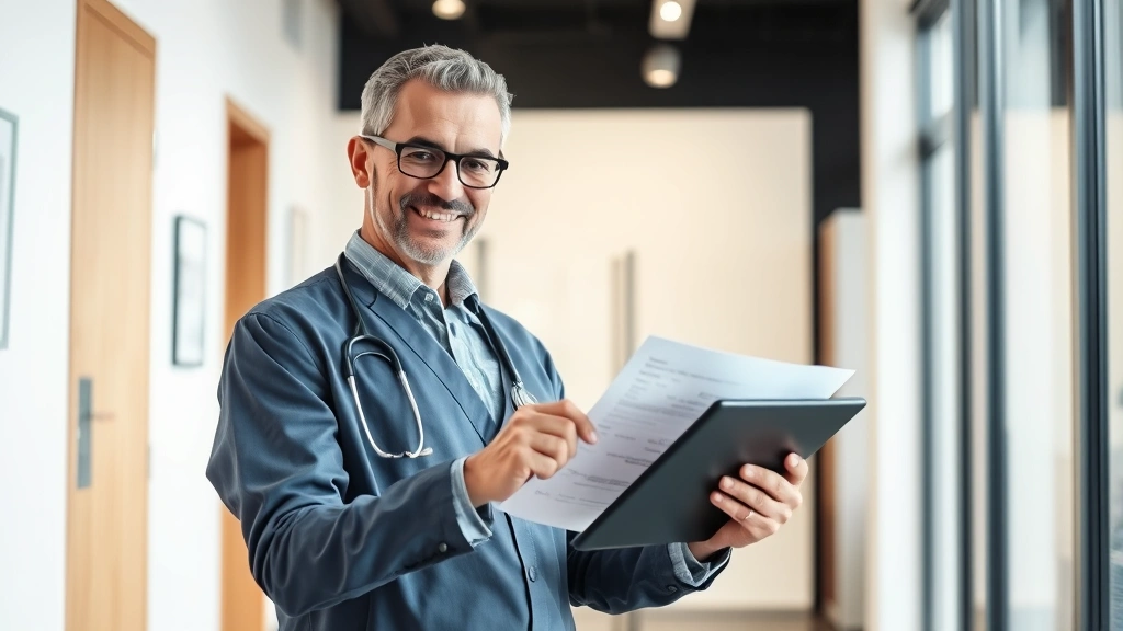 Professional healthcare worker in modern medical office reviewing financial documents and retirement planning materials on tablet, natural lighting, confident expression, contemporary workplace setting
