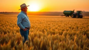 Prosperous Kansas farmer standing in expansive golden wheat field at sunset, wearing professional attire, surveying productive agricultural land with modern farm equipment visible in distance, embodying rural wealth and agricultural success