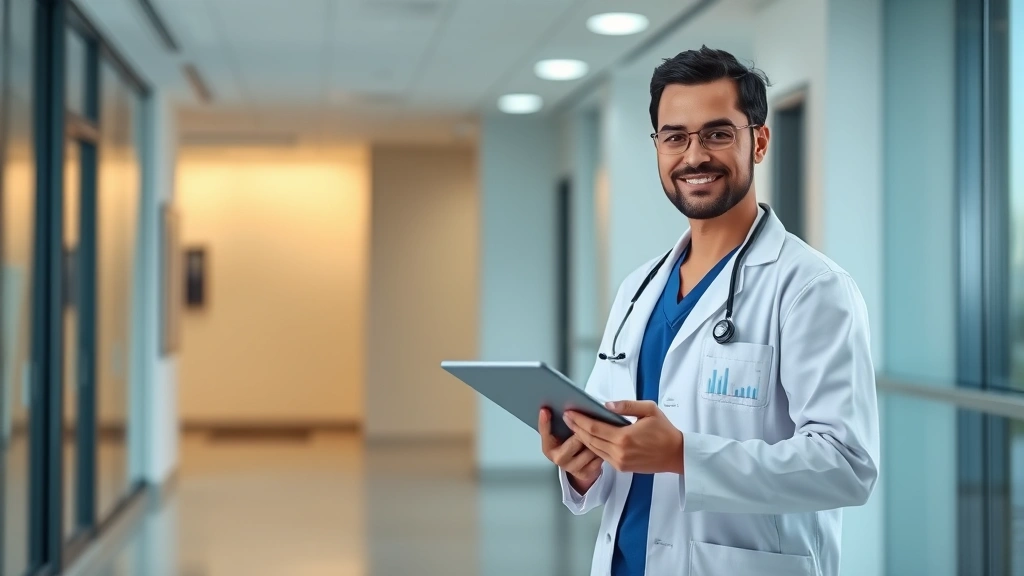 Successful healthcare professional in white coat standing in modern medical facility, confident posture, holding tablet with financial charts, representing healthcare career wealth-building in Kansas heartland setting
