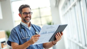 Professional healthcare worker in modern medical facility reviewing financial documents and investment portfolio on tablet computer, confident expression, natural lighting from windows