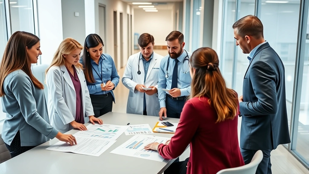 Diverse group of healthcare professionals in business casual attire in modern hospital administrative office collaborating around financial planning documents and charts on table