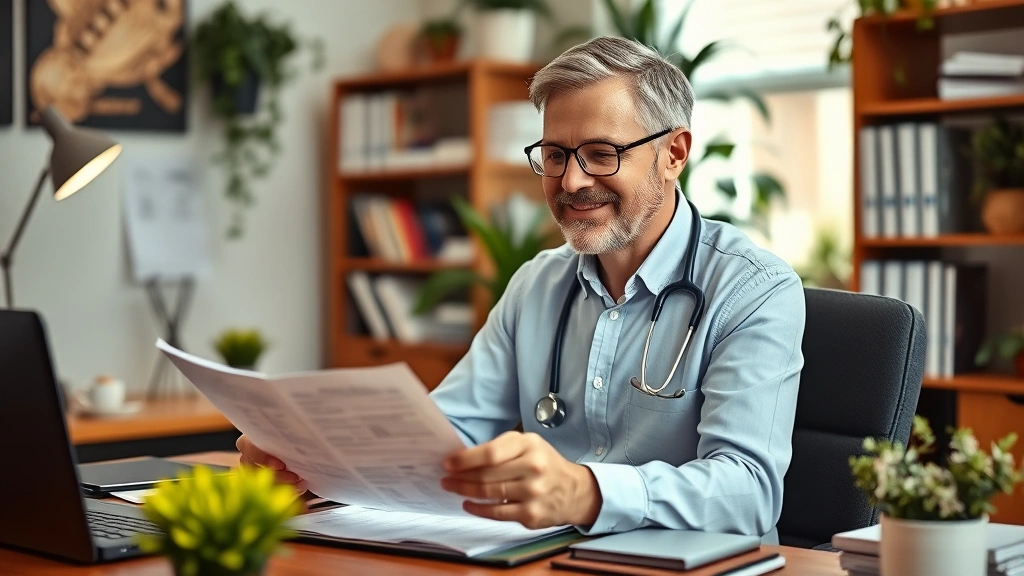 Successful middle-aged healthcare professional in home office reviewing retirement accounts and investment statements with satisfied expression, warm professional environment with plants