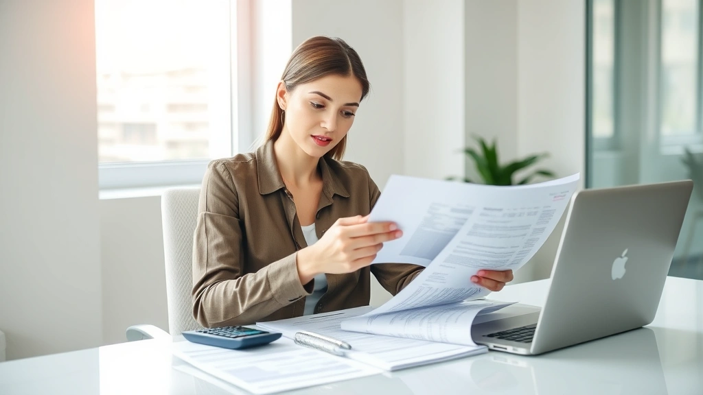 Professional woman reviewing healthcare documents at modern desk with laptop, calculator, and financial papers, natural daylight through window, focused expression analyzing insurance options