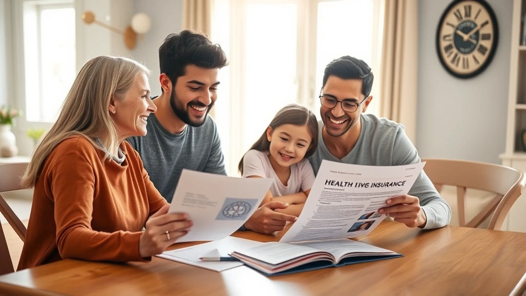 Diverse family of four sitting at dining table reviewing health insurance documents together, warm home setting, smiling and discussing benefits, sunlight streaming through windows