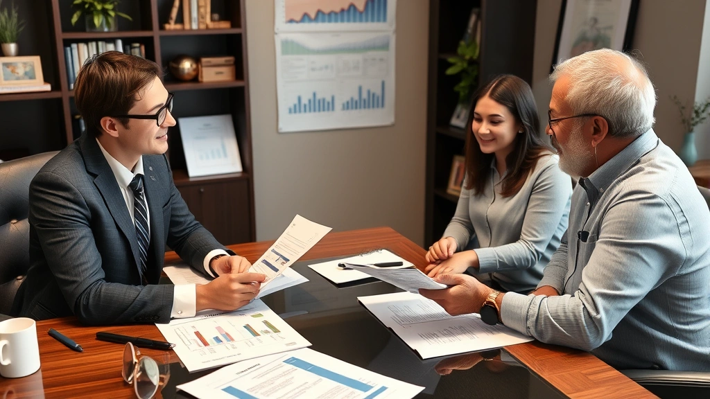 Financial advisor in professional office meeting with young couple reviewing health insurance plans and retirement strategy, charts and documents visible, collaborative discussion environment